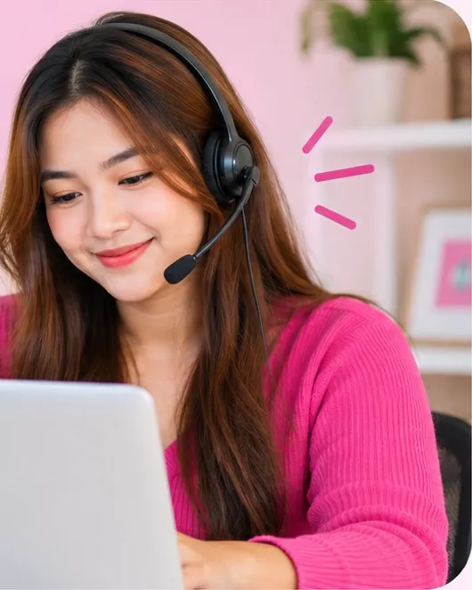 A Helpert Assist VHA wearing a headset, working at her laptop