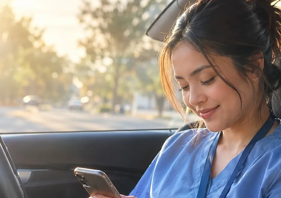 A home health nurse in her car between visits, smiling at her phone
