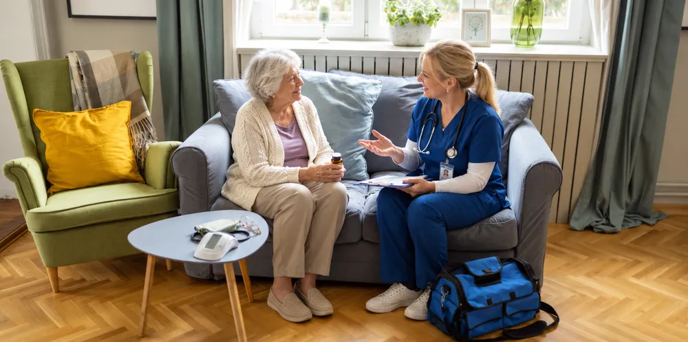 A home health nurse visiting with an older patient on her couch